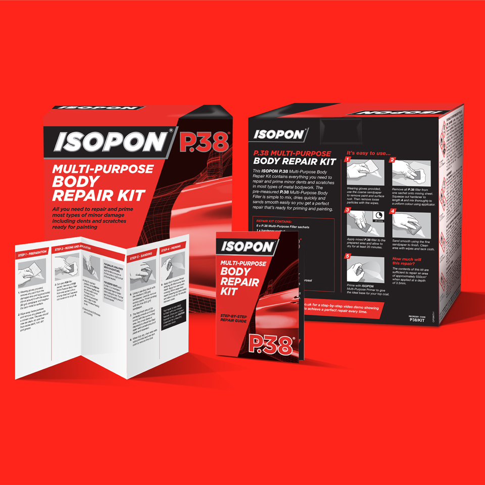 Isopon box packaging design with instruction leaflet