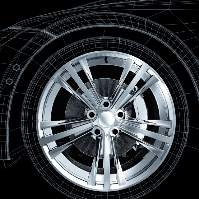 Rendered graphic wheel with wire frame as the car body.